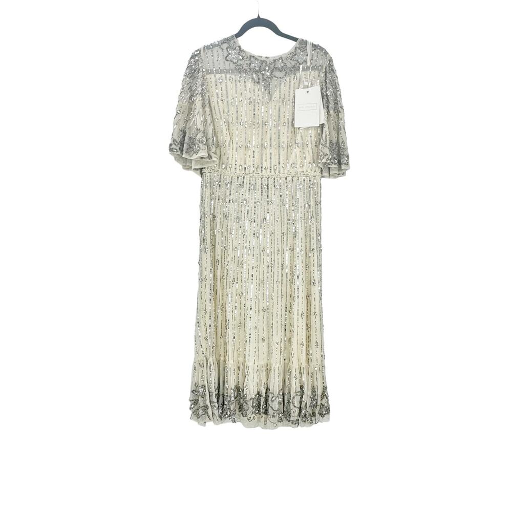 Mac Duggal Women's Nude Silver Sequined Flounce Sleeve Midi Dress Size 6 NWT - Picture 6 of 13